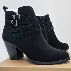 Black Ankle Boots Almond Toe Mid- heel Chunky Stacked Heels Bootie Womens Size 6